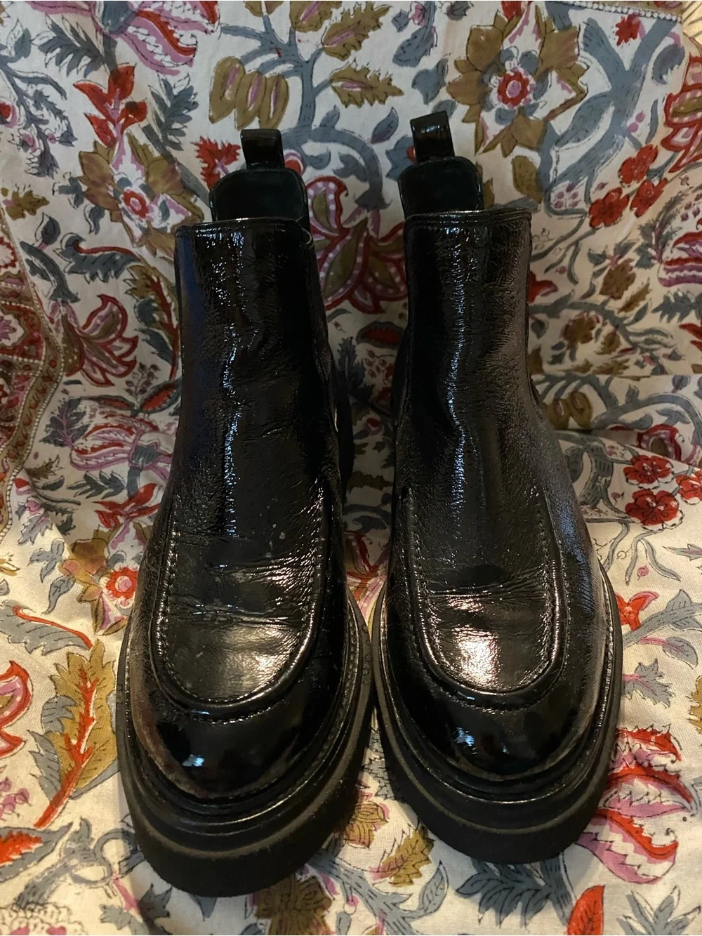 Sofft Black Glossy Patent Chelsea Lug Ankle Boots